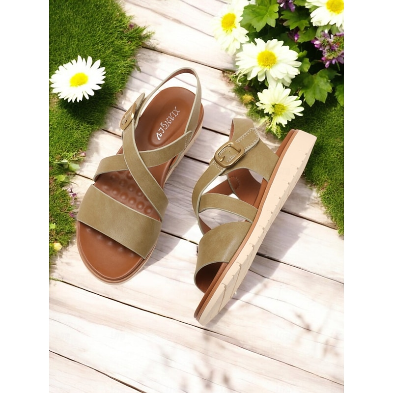 Women's Strappy Buckle Flat Sandals - Cross Band Open-Toe Comfort Sandals for Walking & Travel4
