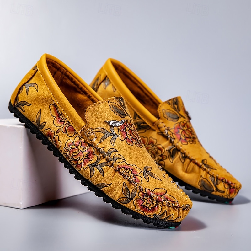 Men's Floral Embroidered Moccasins in Suede Yellow - Stylish Slip-On Shoes Perfect for Casual Outings and Artistic Events3