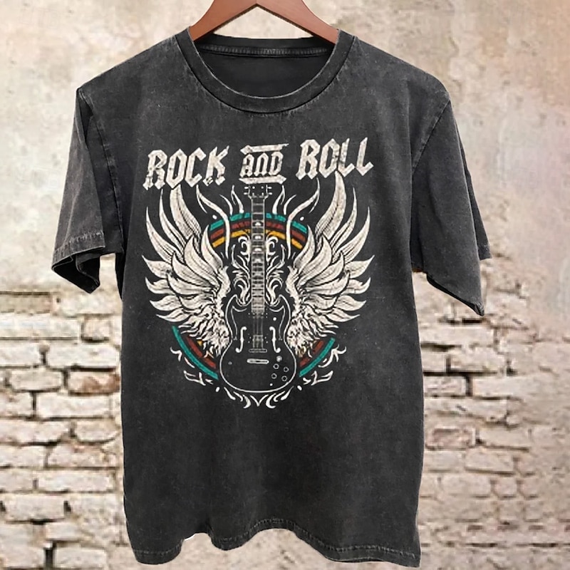 Men's Vintage Washed Rock and Roll Graphic T-Shirt, Short Sleeve Guitar Design Tee