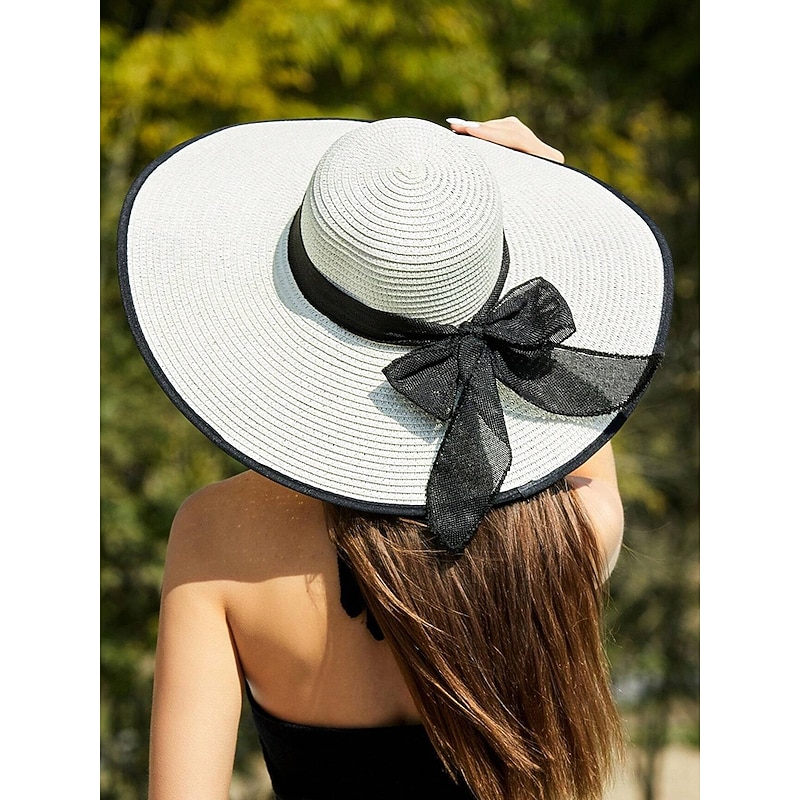 Elegant Wide Brim Sun Hat for Women – Summer Beach Straw Hat with Black Bow, UV Protection, Foldable Floppy Hat for Vacations, Garden Parties and Outdoor Travel