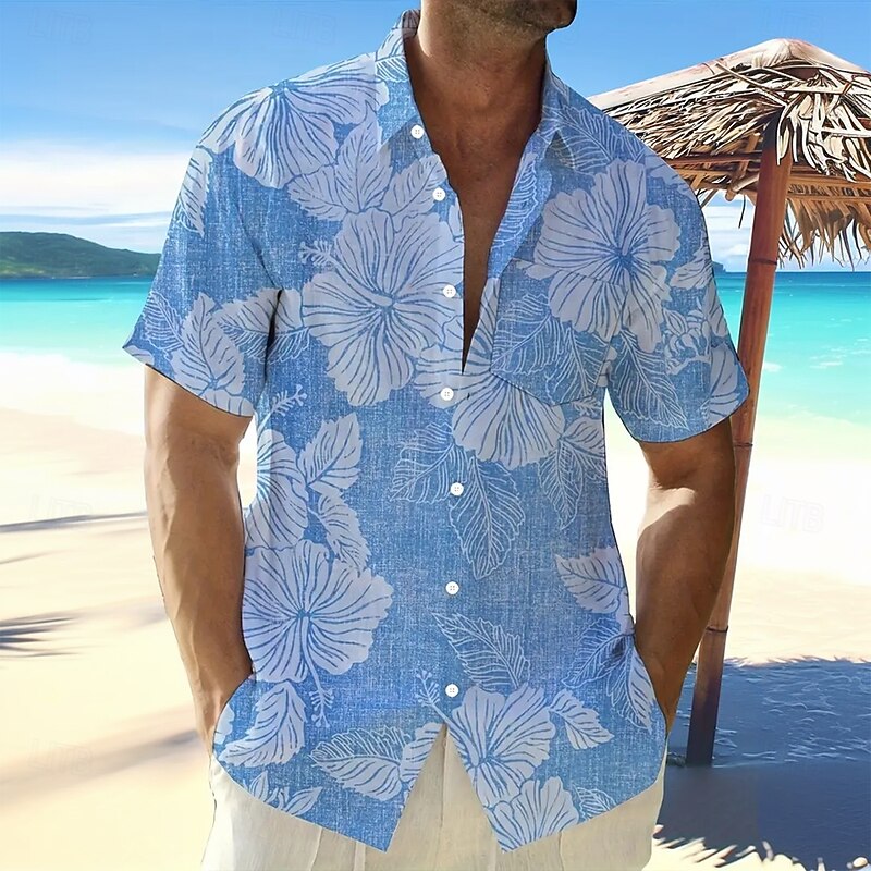 Men's Floral Print Tropical Flowers Shirt Summer Hawaiian Shirt Button Up Shirt Short Sleeve Hawaiian Resort Vacation Holiday Beach Wear Summer Turndown 3D Print Collared Shirts Front One Pocket Blue
