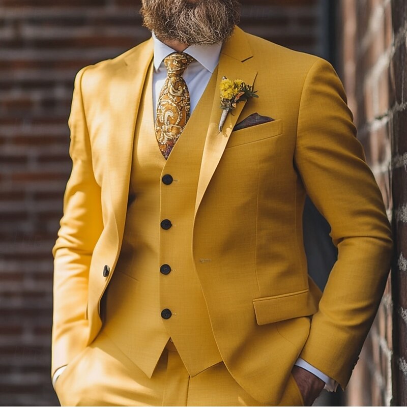 Men's Business Casual Suits Notch Lapel Yellow Formal Solid Colored Standard Fit 3 Piece Single Breasted One-button2