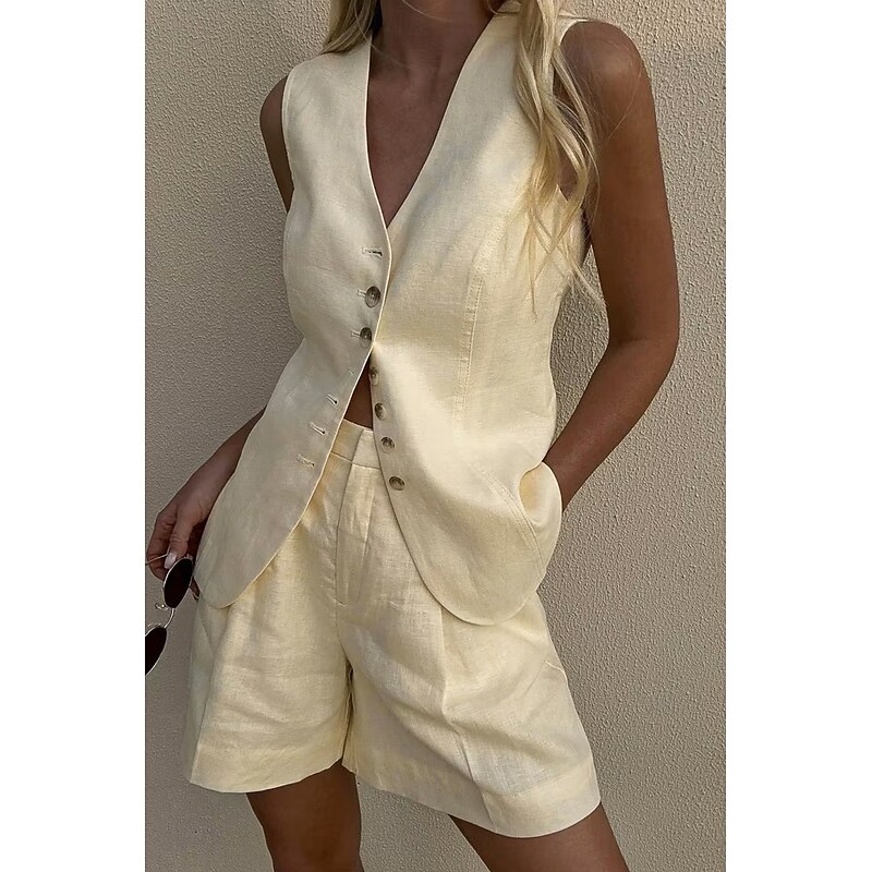 Women's Active Basic Blouse Shorts Sets Sleeveless V Neck Solid Color Dubbele Rij Knopen Casual Daily Weekend Black White Brown Summer Regular Fit