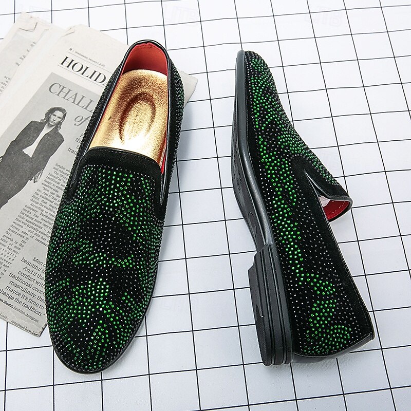 Men's Prom Shoes - Green and Black Snakeskin Pattern Velvet Loafers for Bold Fashion Statements3