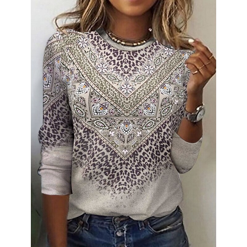 Women's T Shirt Floral Tribal Fashion Modern Long Sleeve Crew Neck Regular Tops Daily Print Orange Brown Gray Summer