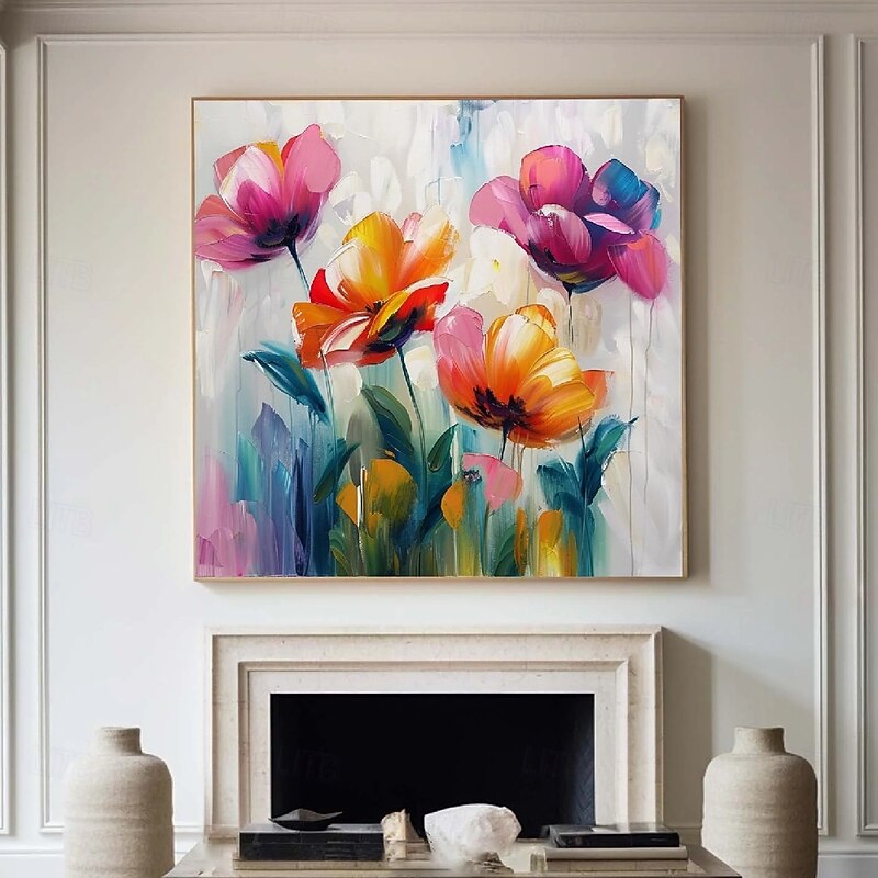 Colorful flower painting hand painted Wild flowers Painting handmade 3D Texture Blooming Flower Painting Canvas Extra Large Size Flora oil painting Wall Art Botanical Wall Art Decor Rose Art painting