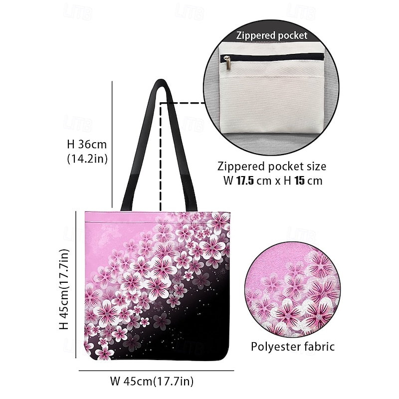 "Floral Tote Bag for Women – Stylish Large Capacity Handbag with Black and Pink Flower Design, Perfect for Shopping, Travel, and Daily Use"3