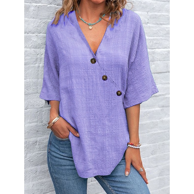 Women's Shirt Cotton Linen Shirts Plain Daily Casual Half Sleeve Butterfly Sleeve Crossover Collar Regular Tops Daily Patchwork Buttons Blue Purple Green Gray Summer Spring4