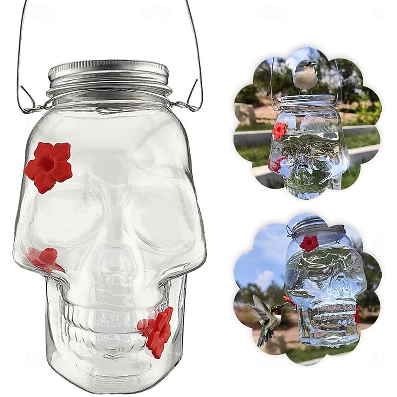 Hummingbird Feeder for Outdoors Hanging, Skull Shaped Humming Bird Feeder with 4 Feeding Ports, Halloween Gothic Bird Feeder Garden Backyard Decorative, Clear
