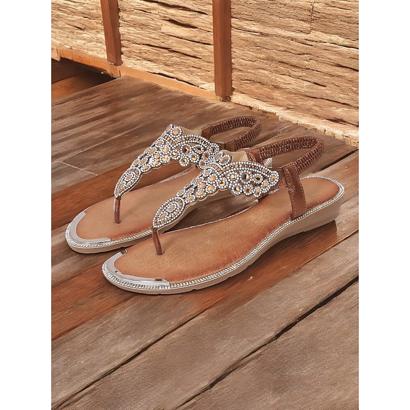 Women's Boho - Style Embellished Brown Sandals – Crystal - Adorned Flat Thong Footwear for Summer Festivals, Beach Trips and Casual Gatherings3