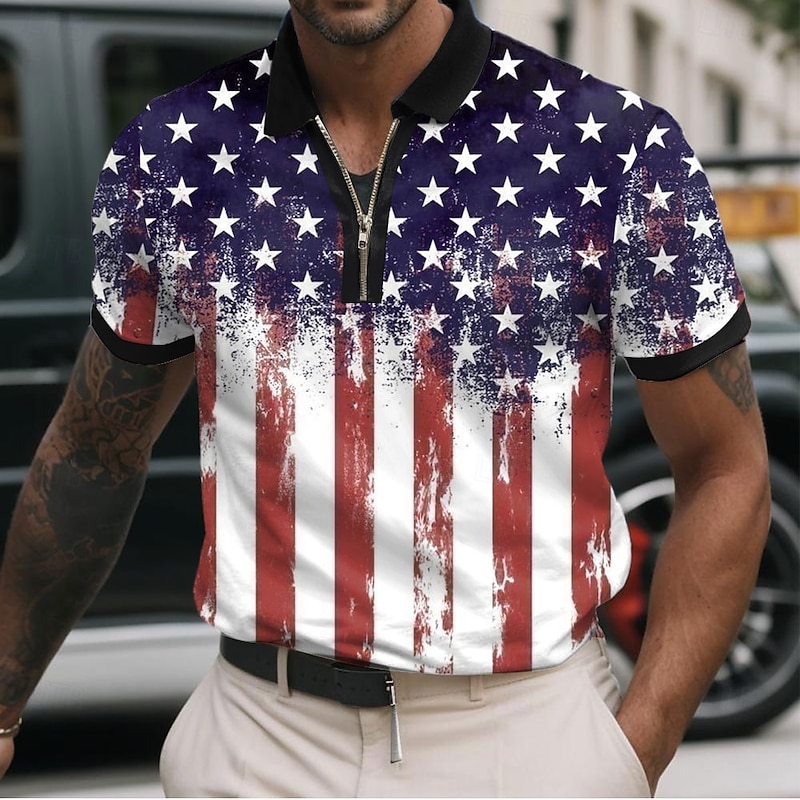 Men's American US Flag Zip Polo Shirts Short Sleeve Polo Shirts Collared Shirts Casual Athleisure Daily Wear 3D Print Summer Red Navy Blue Sky Blue3