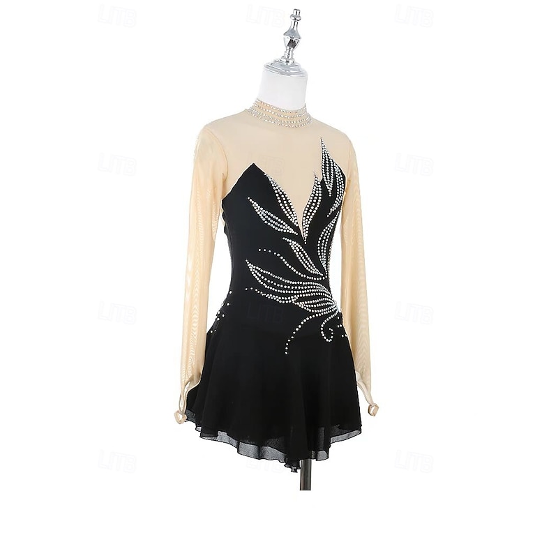 Figure Skating Dress Women's Girls' Ice Skating Dress Black Patchwork Open Back Mesh Spandex Stretchy Training Practice Professional Skating Wear Thermal Warm Crystal / Rhinestone Long Sleeve Ice2