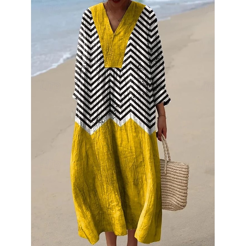 Women's Midi Dress V Neck Long Sleeve Kaftan Lightweight Loose Fit A Line Dress Casual Boho Going out Graphic Long Sleeve V Neck Yellow Pink Blue Brown2