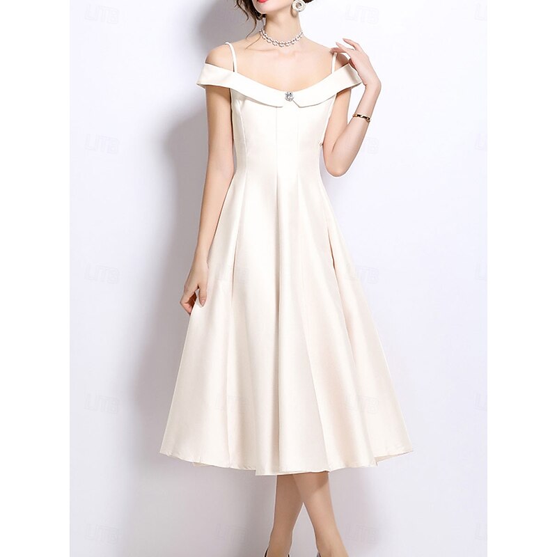 A-Line Party Dresses Elegant Dress Wedding Wedding Guest Tea Length Sleeveless Off Shoulder Polyester Backless with Pleats3