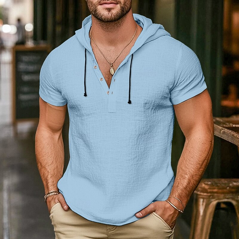 Men's Shirt Linen Shirt Casual Shirt Button Up Shirt Plain Vacation Street Black White Navy Blue Brown Short Sleeve Hooded Summer Clothing Apparel Hooded4
