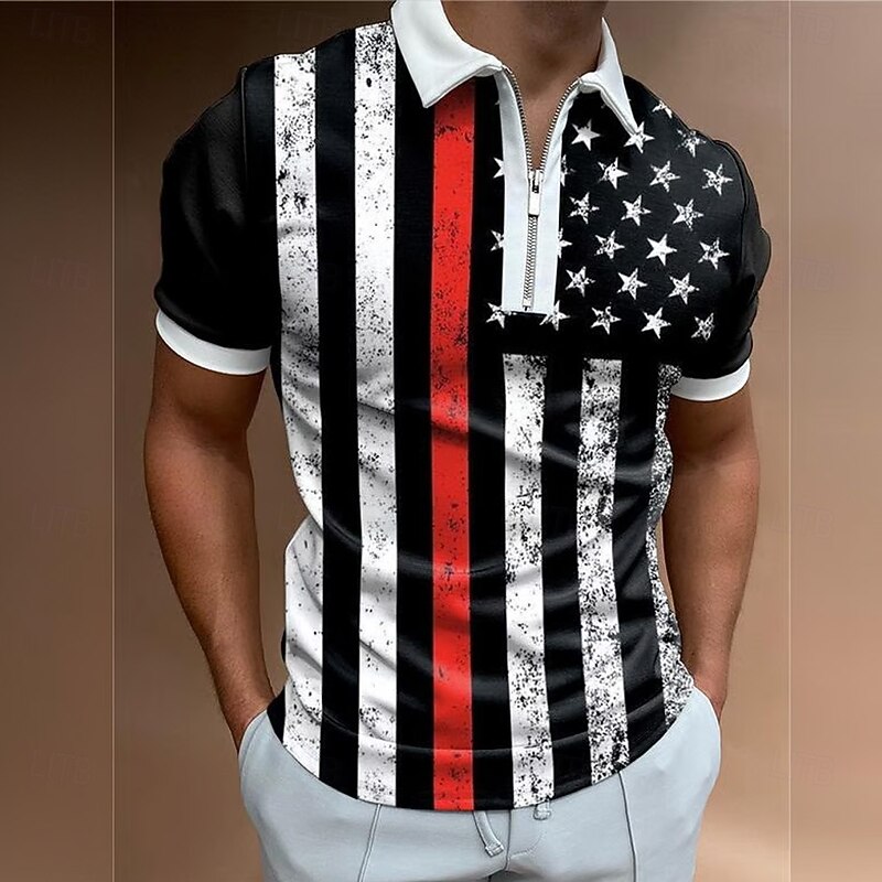 Independence Day Men's Men American US Flag Zip Polo Short Sleeve Turndown Casual Daily Outdoor Casual Daily Zipper Summer Black