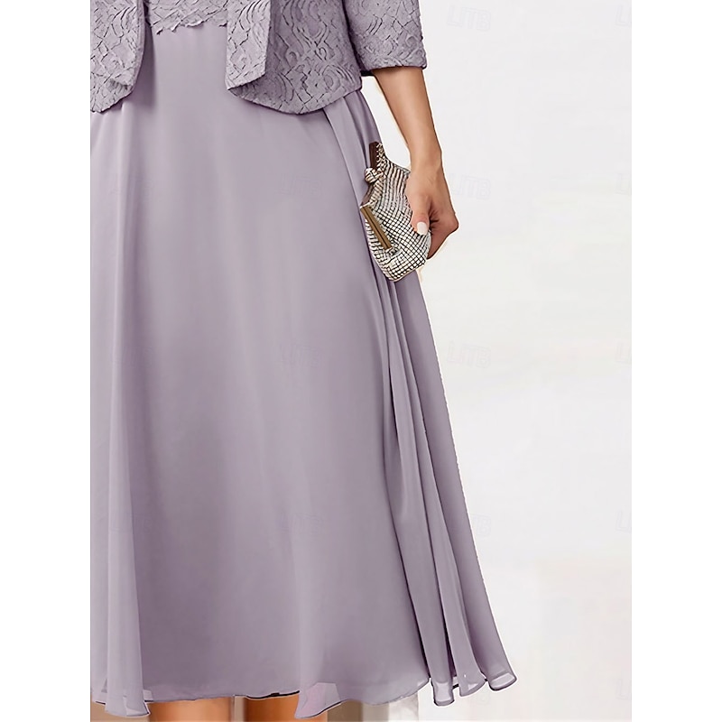 Women's Wedding Guest Cocktail Dress Chiffon Fashion Lace Patchwork Elegant Two Piece Dress Set  Fall Winter Midi Dress Crew Neck 3/4 Length Sleeve Plain Loose Fit Pink3