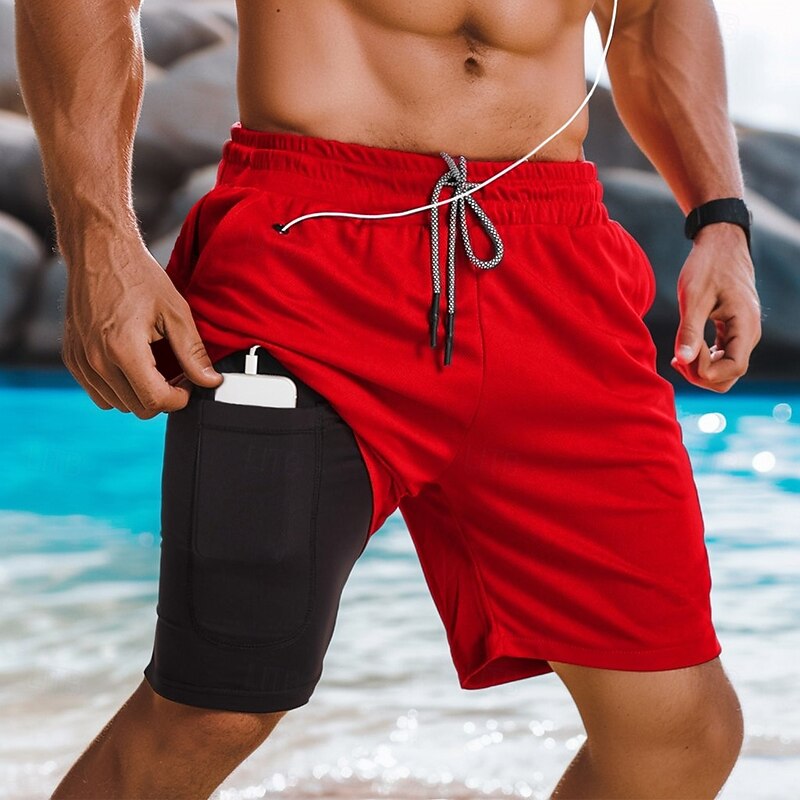 Men's Lined Shorts Athletic Shorts 2 in 1 Board Shorts Swim Shorts Shorts Drawstring Side Pockets Elastic Waist Plain Quick Dry Holiday Going out Gym Vacation Sports Black White Micro-elastic