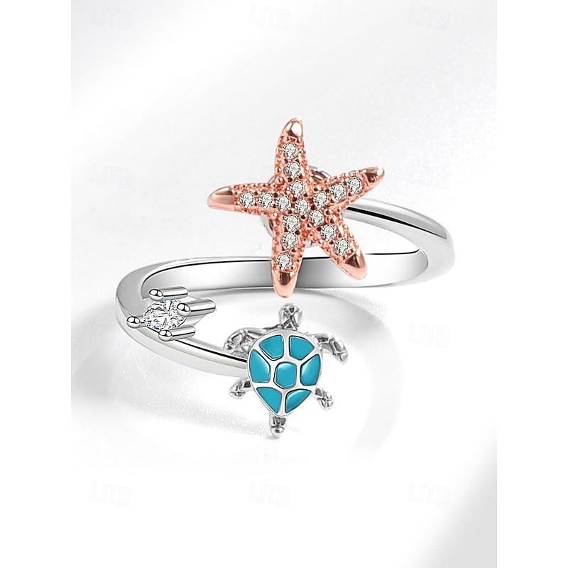 Adjustable Starfish & Sea Turtle Ring – Ocean-Themed Rotatable Crystal Ring, Silver & Rose Gold Beach Jewelry for Women & Girls, Stylish Summer Accessory for Vacations & Gifts