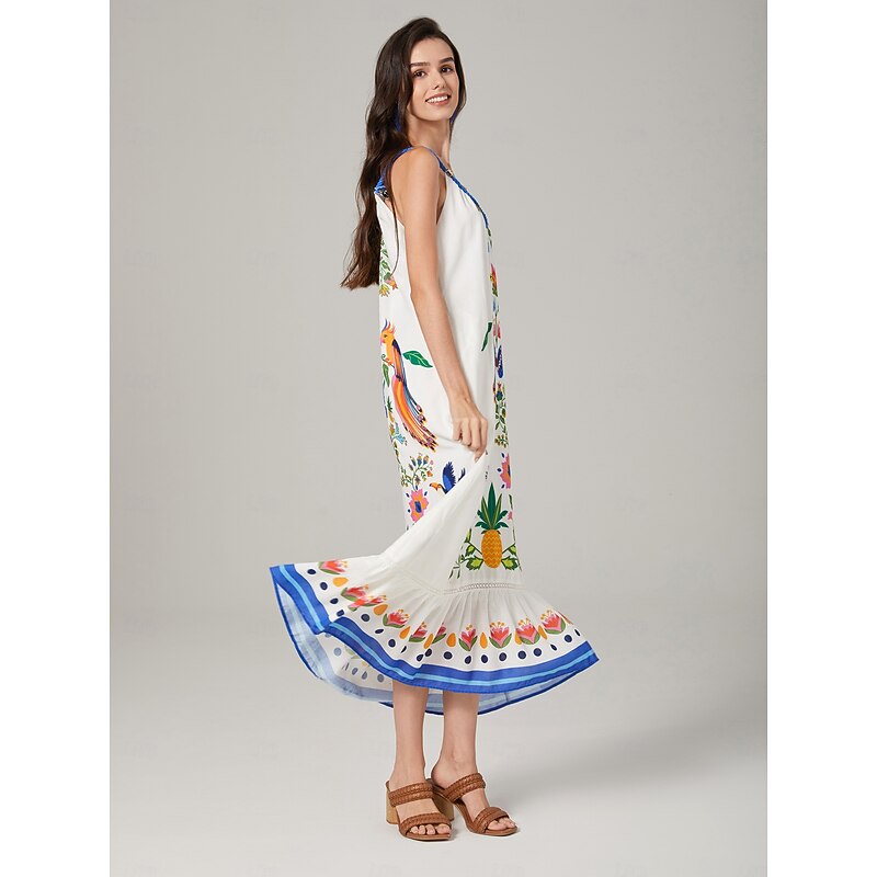 White-Toned Beach Vacation Style Printed Dress2