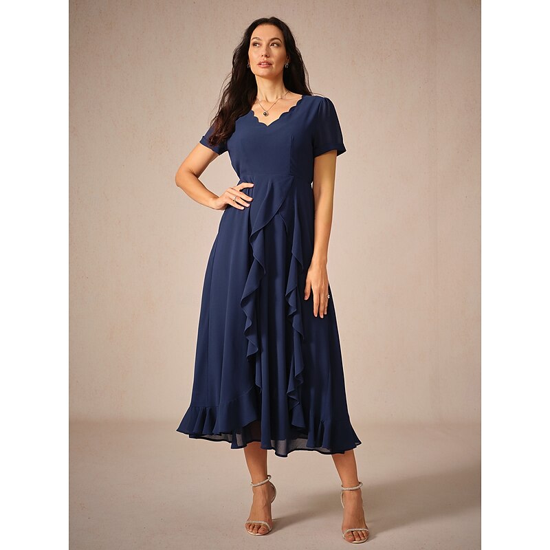 Women's Maxi Dress A Line Dress Elegant Formal Wedding Wedding Guest Loose Fit Solid Color Short Sleeve Asymmetrical V Neck Navy Blue Summer Spring