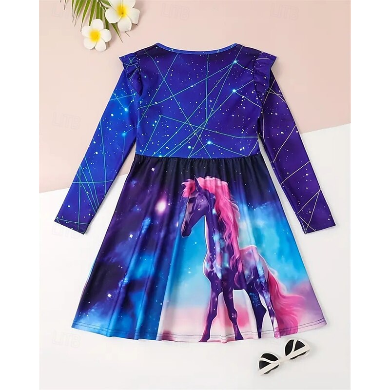 Girls' 3D Horse Dress Ruffle Dress Long Sleeve Summer Spring Vacation Daily Holiday Princess Beautiful Sweet Kids 4-12 Years Casual Dress A Line Dress Knee-length Regular Fit3