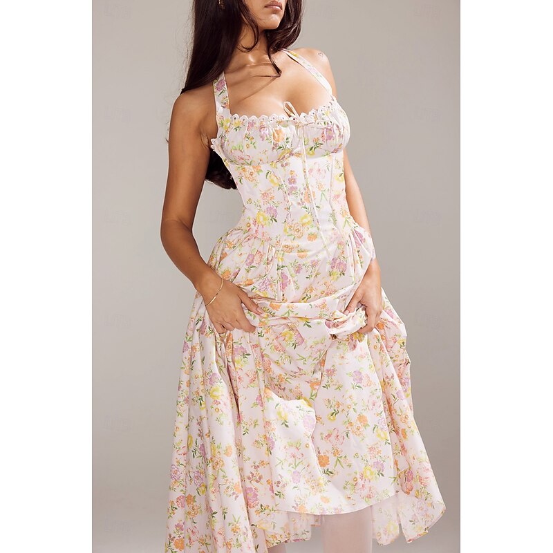 Retro Vintage Medieval Renaissance Midi Dress Flare Dress Halter Regency Inspired Floral Fancy Dress Women's Masquerade Wedding Vacation Casual Daily Adults' Dress Summer