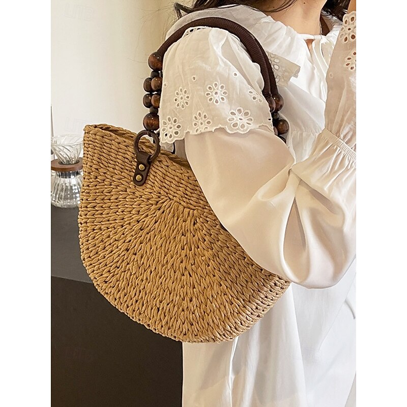 Women's Handmade Woven Straw Tote Bag – Boho Summer Beach Handbag with Wooden Bead Handles, Casual Large Capacity Shoulder Bag for Vacation, Shopping, and Travel3