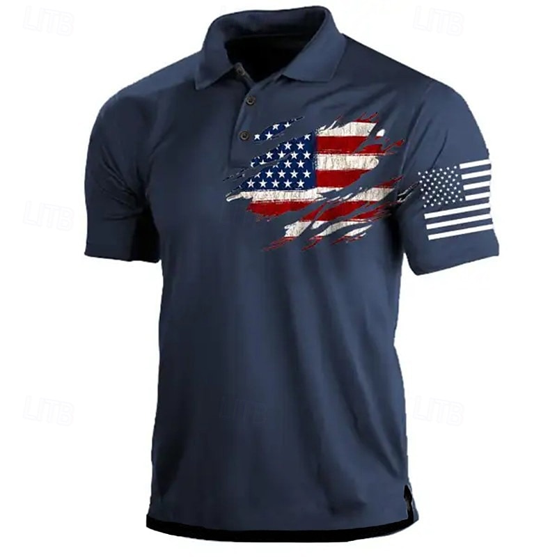 Men's American Flag Veterans Polo Shirts Golf Shirt Short Sleeve Polo Shirts Collared Shirts Casual Streetwear Vacation Wear Party Outfits Buttons 3D Print Black Red Navy Blue3