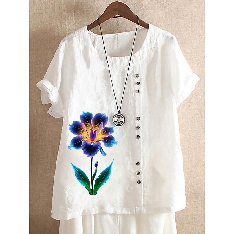 Women's 100% Cotton Blouse Vintage Casual Crew Neck Daily Going out Buttons Print Maroon Grass Green White Purple4