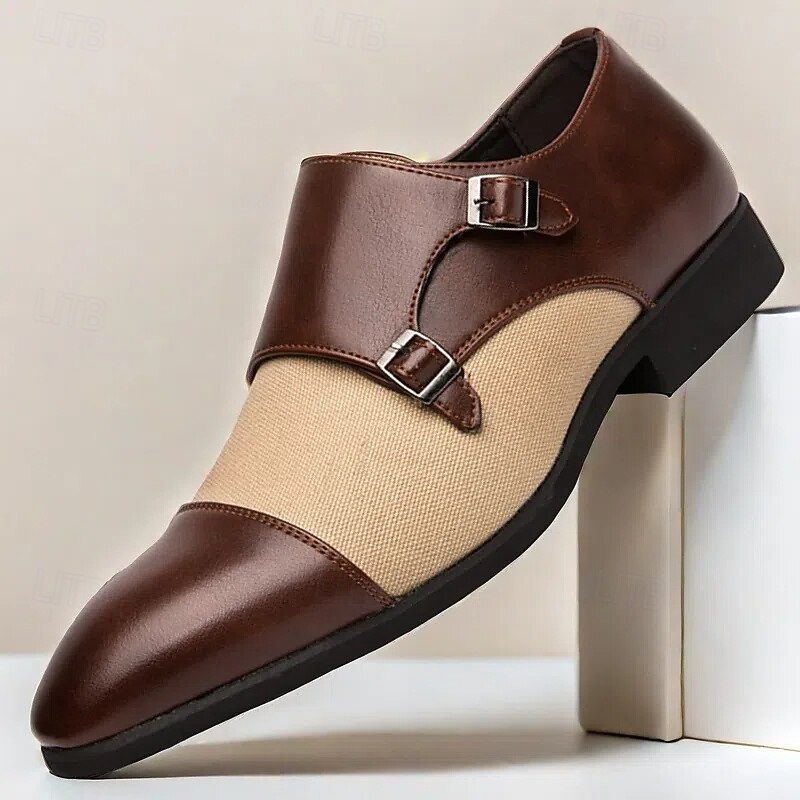 Men's Two-Tone Monk Strap Shoes in Brown and Beige, Perfect for Business and Formal Occasions
