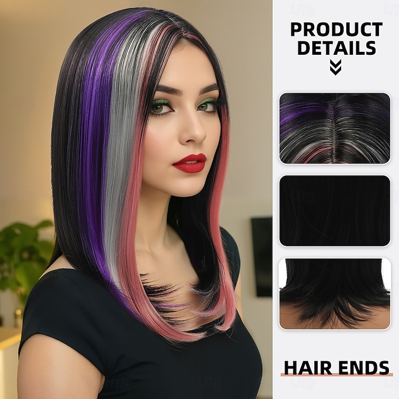 Synthetic Wig Wavy Natural Straight Layered Haircut With Bangs Machine Made Wig 16 inch A1 Synthetic Hair Women's Middle Part Classic Color Gradient Multi-color2