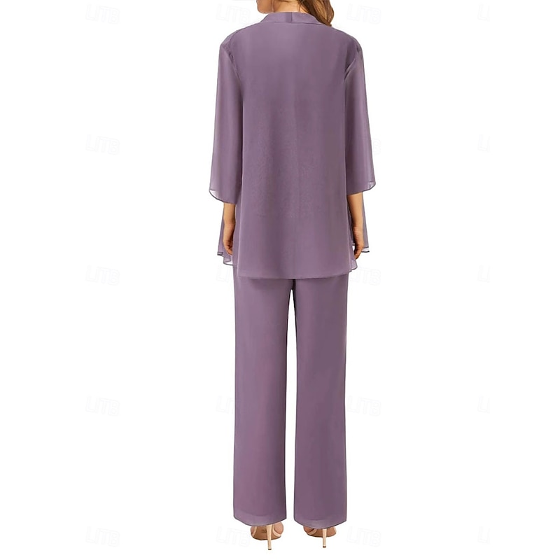 Pantsuit Mother of the Bride Dress Wedding Guest Elegant Simple Jewel Neck Floor Length Polyester Long Sleeve with Solid Color4