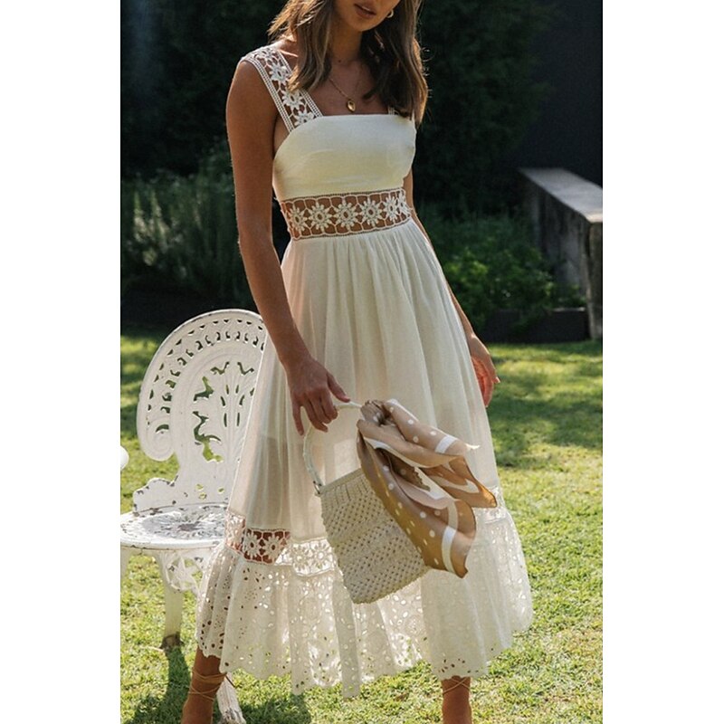 Women's Midi Dress White Dress Graduation Dress Elegant Fashion Modern Vacation Birthday Going out Regular Fit Plain Sleeveless U Neck White Summer2