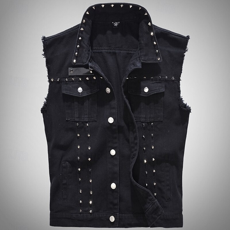 Retro Vintage Punk & Gothic 1980s Motorcycle Vest Denim Vest Pop Star Rocker Rivet Solid Color Fancy Dress Women's Masquerade Party Adults' Vest Spring & Summer