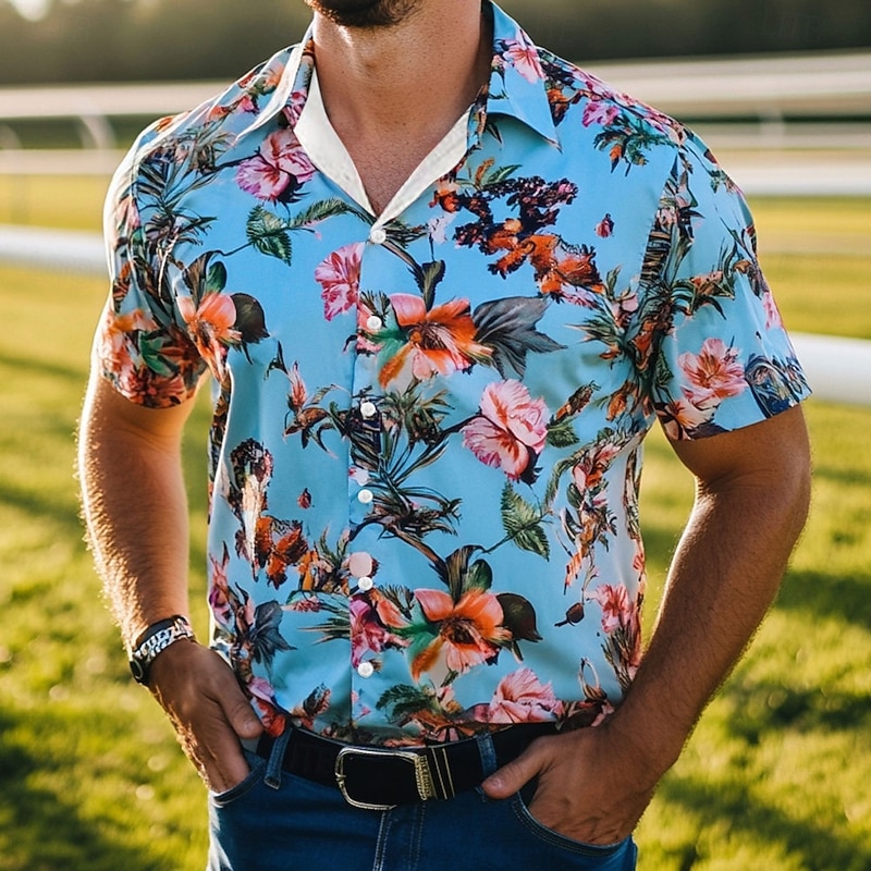 Men's Floral Print Flowers Summer Hawaiian Shirt Button Up Shirt Short Sleeve Hawaiian Resort Vacation Holiday Beach Wear Summer Spring Turndown 3D Print Collared Shirts Blue