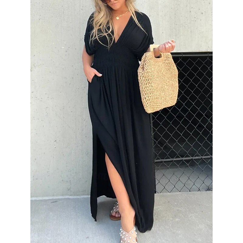 Women's Long Dress Maxi Dress White Dress Casual Dress Swing Dress Summer Dress Fashion Modern Daily Holiday Beach Regular Fit Plain Short Sleeve V Neck Burgundy Navy Blue Brown Apricot Summer4