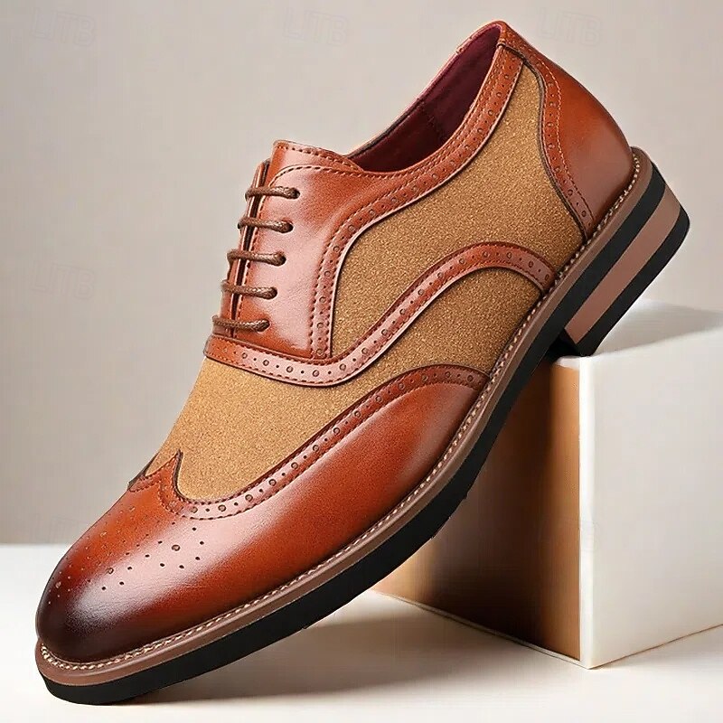 Men's Two-Tone Brogue Oxfords with Suede and Faux Leather Detailing - Ideal for Business Casual and Special Events