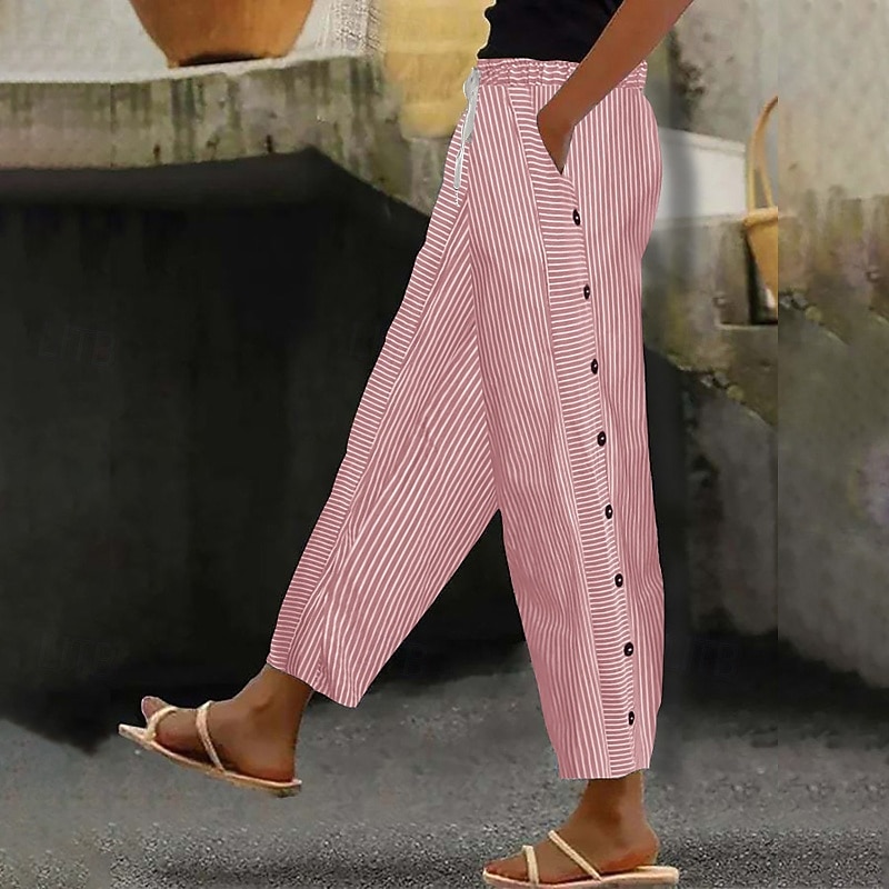 Women's Cotton Linen Pants Slacks Pants Trousers Streetwear Casual Full Length Natural Striped Pocket Elastic Drawstring Design Breathability Soft Micro-elastic Casual Daily Wear Light Yellow Dark
