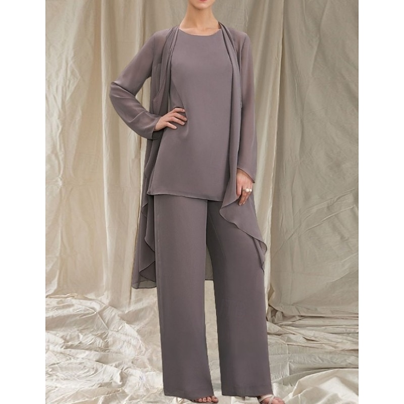 Pantsuit 3 Piece Mother of the Bride Dress Wedding Guest Elegant Crew Neck Floor Length Chiffon Long Sleeve with Ruffles