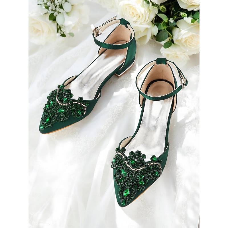 Green Gemstone Embellished Pointed-Toe Flats – Vintage Style Women's Wedding & Evening Shoes
