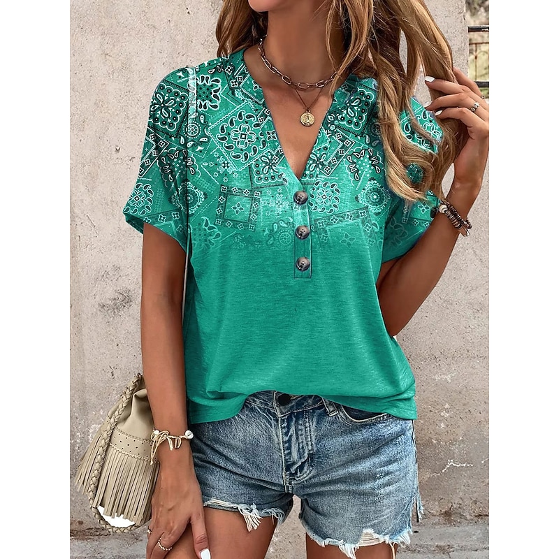 Women's T Shirt Ombre Graphic Geometric Casual Short Sleeve V Neck Regular Tops Daily Print Red Purple Green Summer2