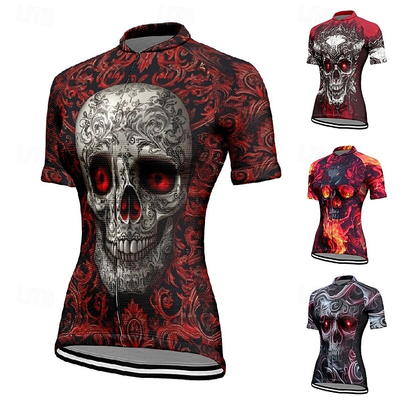 Women's Cycling Jersey Skull Short Sleeve Bike Tee Tshirt Jersey with 3 Rear Pockets Mountain Bike MTB Quick Dry Anatomic Design Wicking Breathable Sports Wine Red Black Red Clothing Apparel