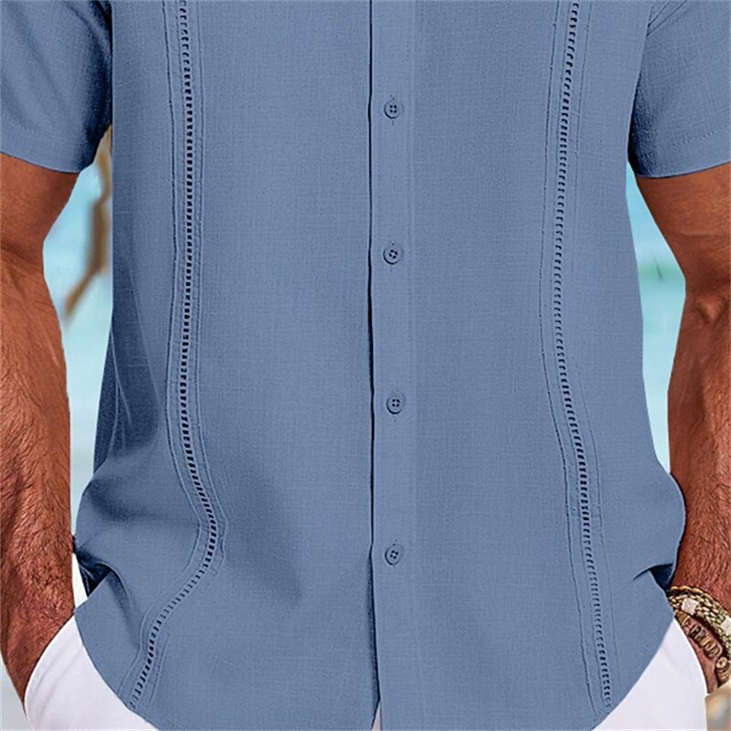 Men's Shirt Linen Shirt Guayabera Shirt Summer Shirt Beach Shirt Plain Vacation Street Black White Navy Blue Gray Short Sleeve Fold-over Collar Spring & Summer Clothing Apparel Splice3