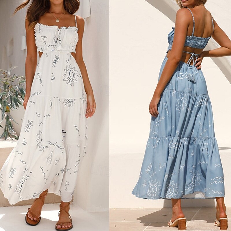 Women's Midi Dress Graduation Dress Floral Dress Slip Dress Print Dress Fashion Outdoor Holiday Weekend Regular Fit Flower Sleeveless Spaghetti Strap White Light Blue Summer
