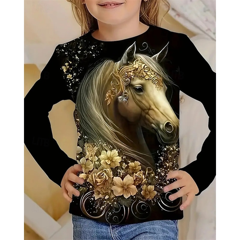 Girls' 3D Horse T shirt Tee Long Sleeve Spring Fall Fashion Basic Kids 4-12 Years Crew Neck Outdoor Casual Daily Regular Fit