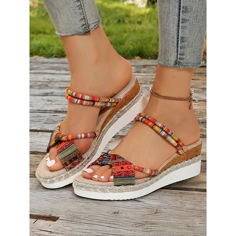 Women's Bohemian - Style Platform Sandals – Colorful Beaded Strap, Patterned Bow Flip - Flops for Women's Summer Vacations, Beach Trips and Casual Outdoor Events2