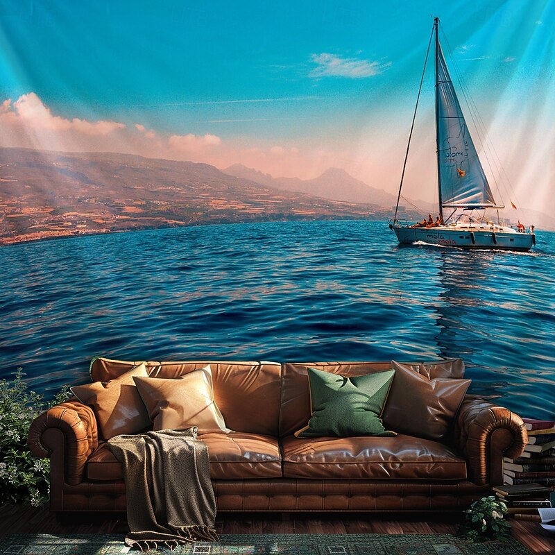 Landscape Ocean Hanging Tapestry Wall Art Large Tapestry Mural Decor Photograph Backdrop Blanket Curtain Home Bedroom Living Room Decoration Boat Sailing3