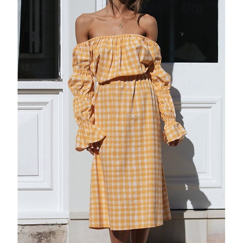 Retro Vintage Medieval Renaissance Midi Dress Puff Sleeve Off Shoulder Regency Inspired Checkered / Gingham Fancy Dress Women's Masquerade Wedding Vacation Casual Daily Adults' Dress