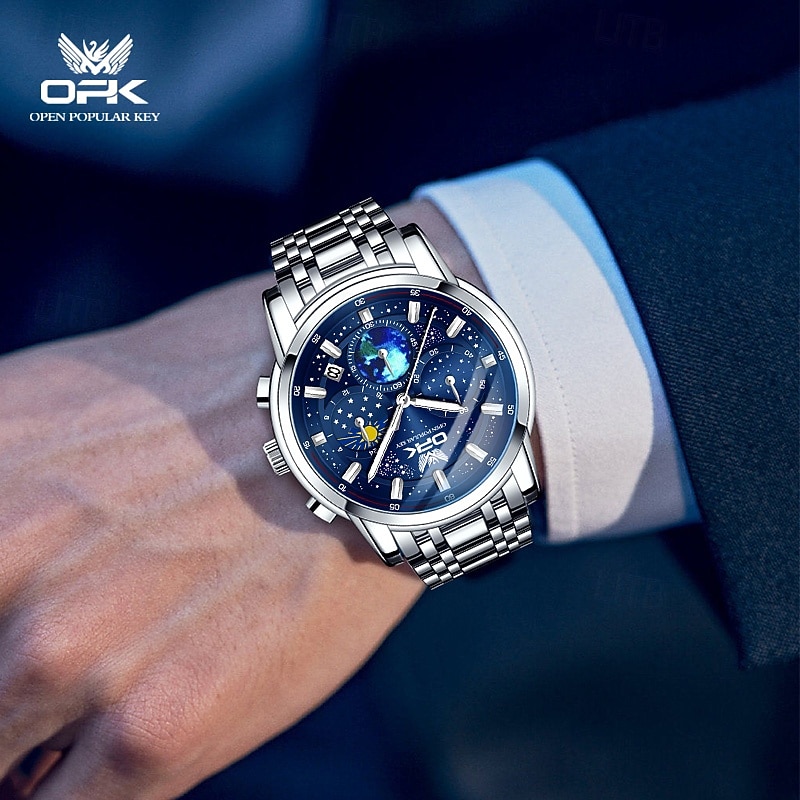 OPK Quartz Watch for Men Starry Sky Display Moon phase Multifunctional Stainless Steel Waterproof Luxury Men's Quartz Watch 81423